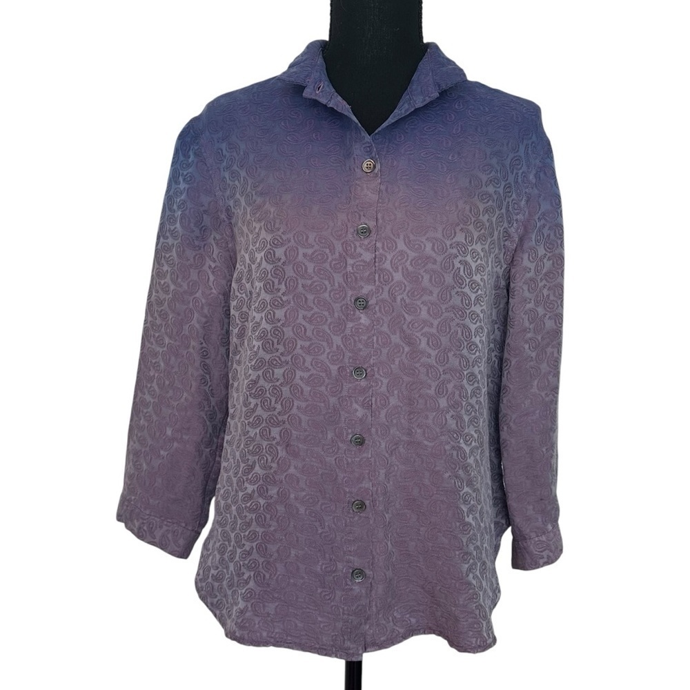 Raquel Allegra Button Down Paisley Purple Ombre Artsy Silk Blouse Size 0 Small